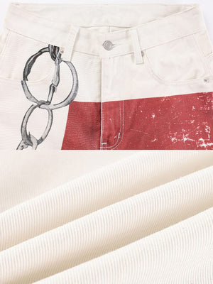 Cream balloon jeans – waist & print close-up + fabric | XoKool