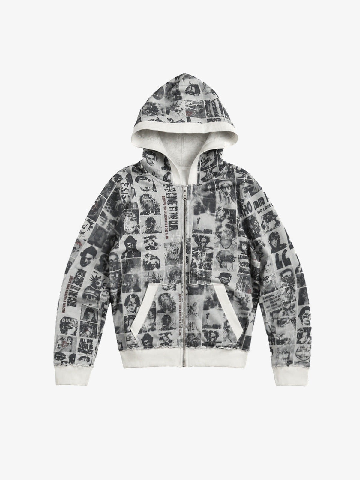 Cremefarbener Zip Hoodie mit Zeitungs-Collage-Print – Vorderseite flach | XoKool