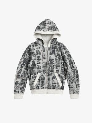 Cremefarbener Zip Hoodie mit Zeitungs-Collage-Print – Vorderseite flach | XoKool
