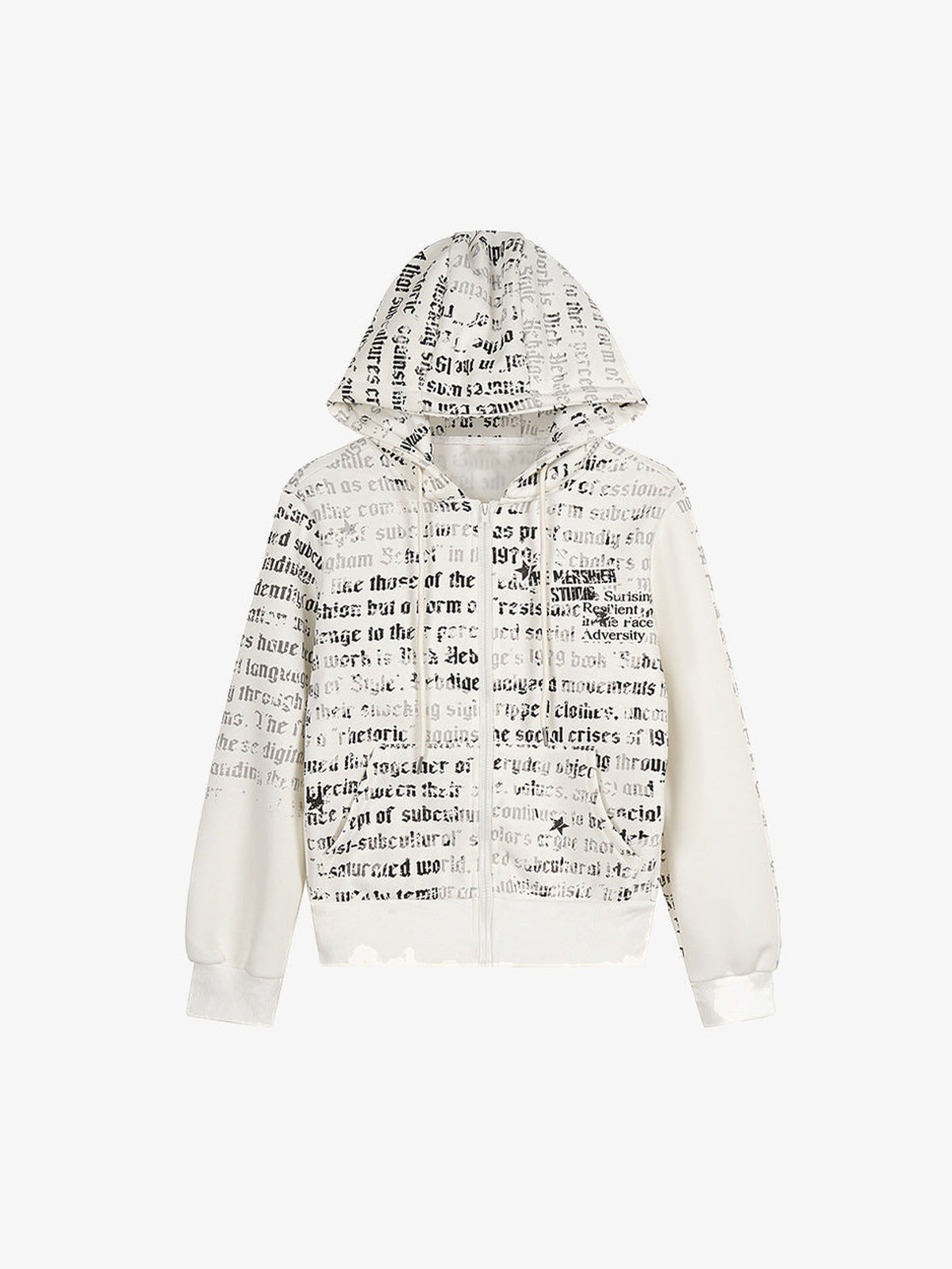 Cremefarbener Zip Hoodie mit Zeitungsprint – Vorderansicht | XoKool