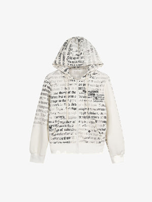 Cremefarbener Zip Hoodie mit Zeitungsprint – Vorderansicht | XoKool