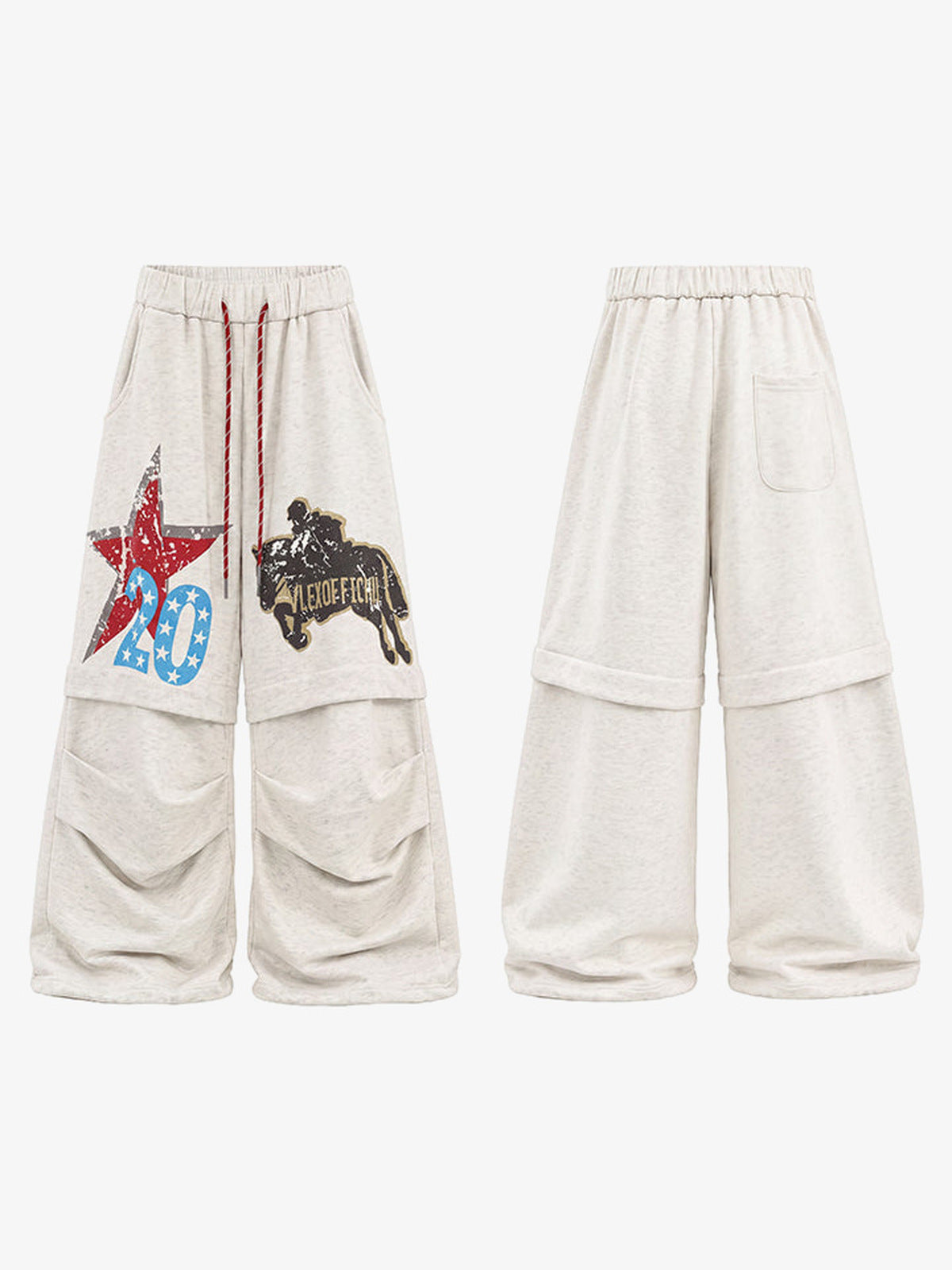 Pantalones deportivos crema con gráficos de estrella y rodeo – vista frontal y trasera | XoKool