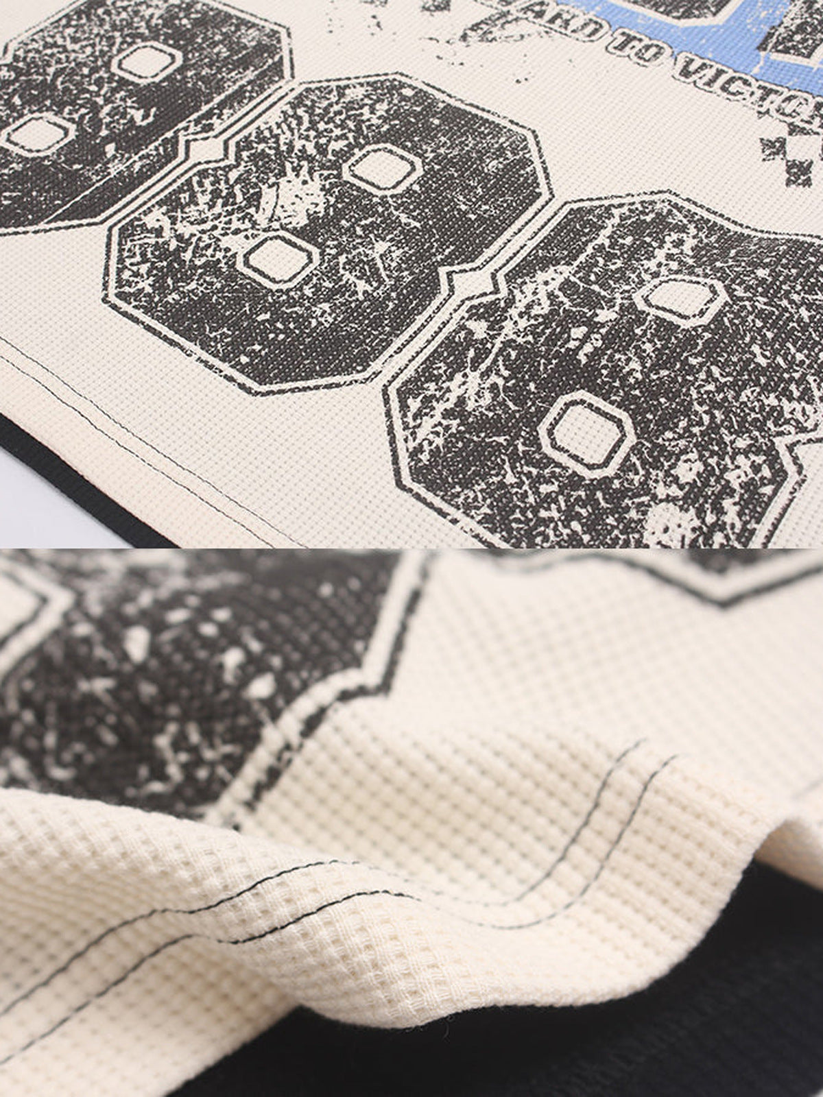 Creme Waffelstrick Longsleeve Racing Tee – Zahlenprint und Waffelsaum, Nahaufnahme | XoKool