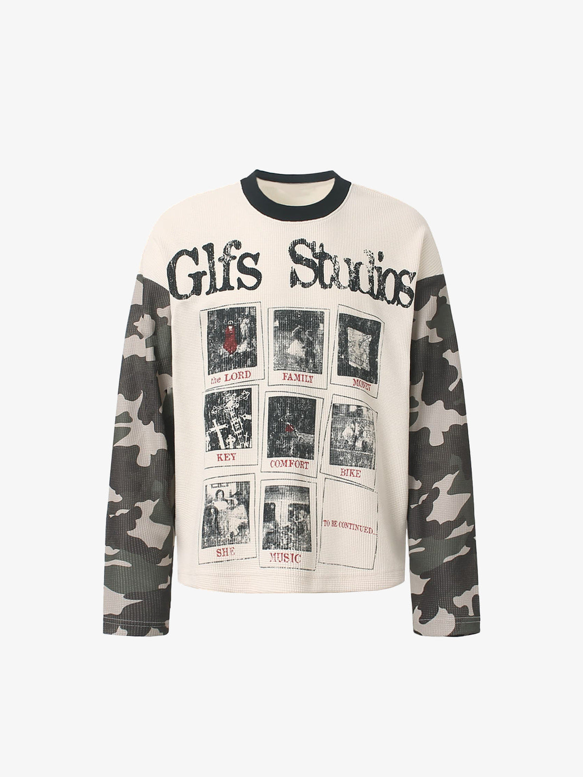 Cremefarbenes Waffel-Longsleeve mit Camo-Ärmeln – Creme, Vorderseite flach | XoKool