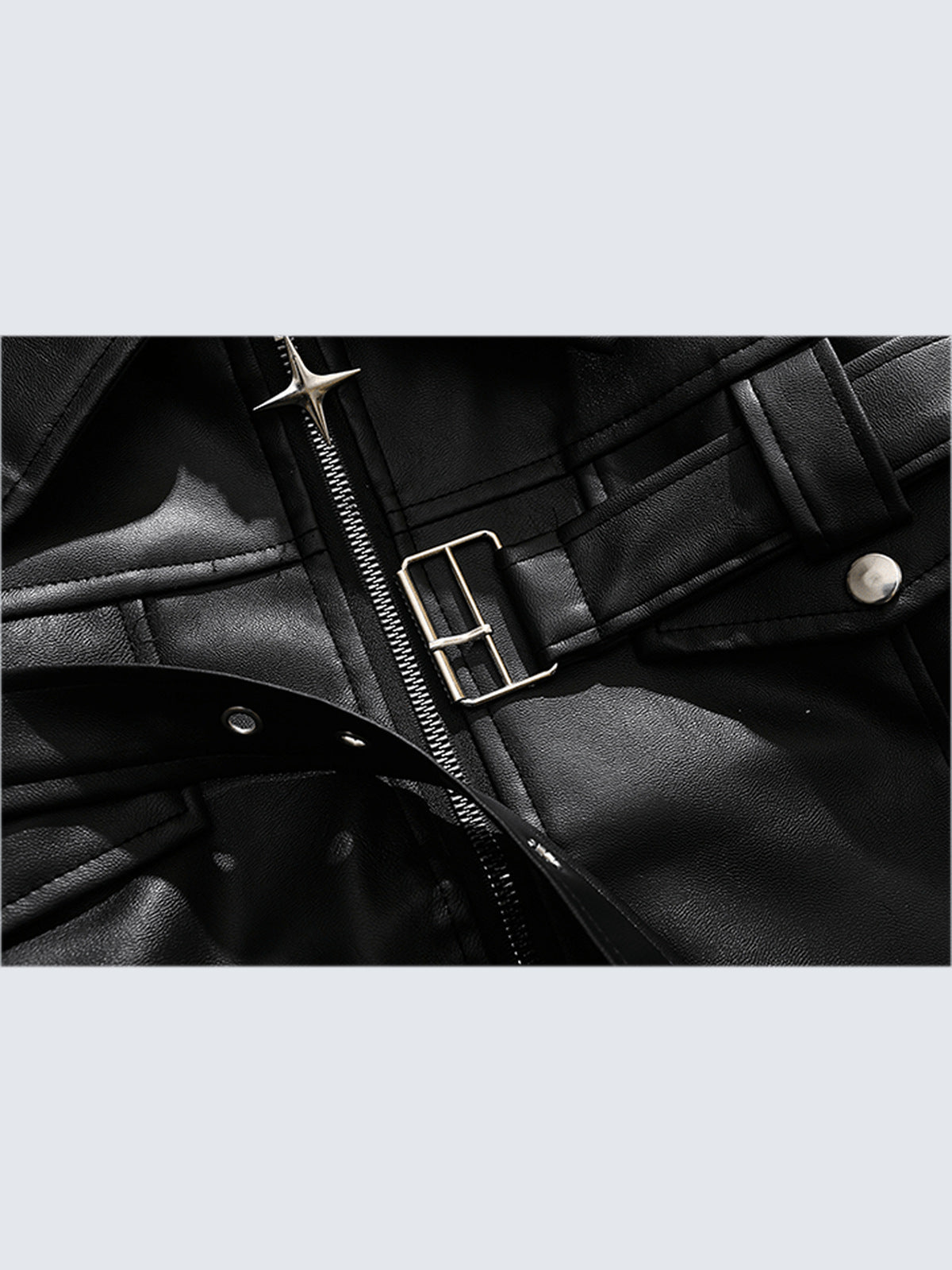 Cropped Belted Faux Leather Moto Jacket – belt buckle and zip close-up | XoKool