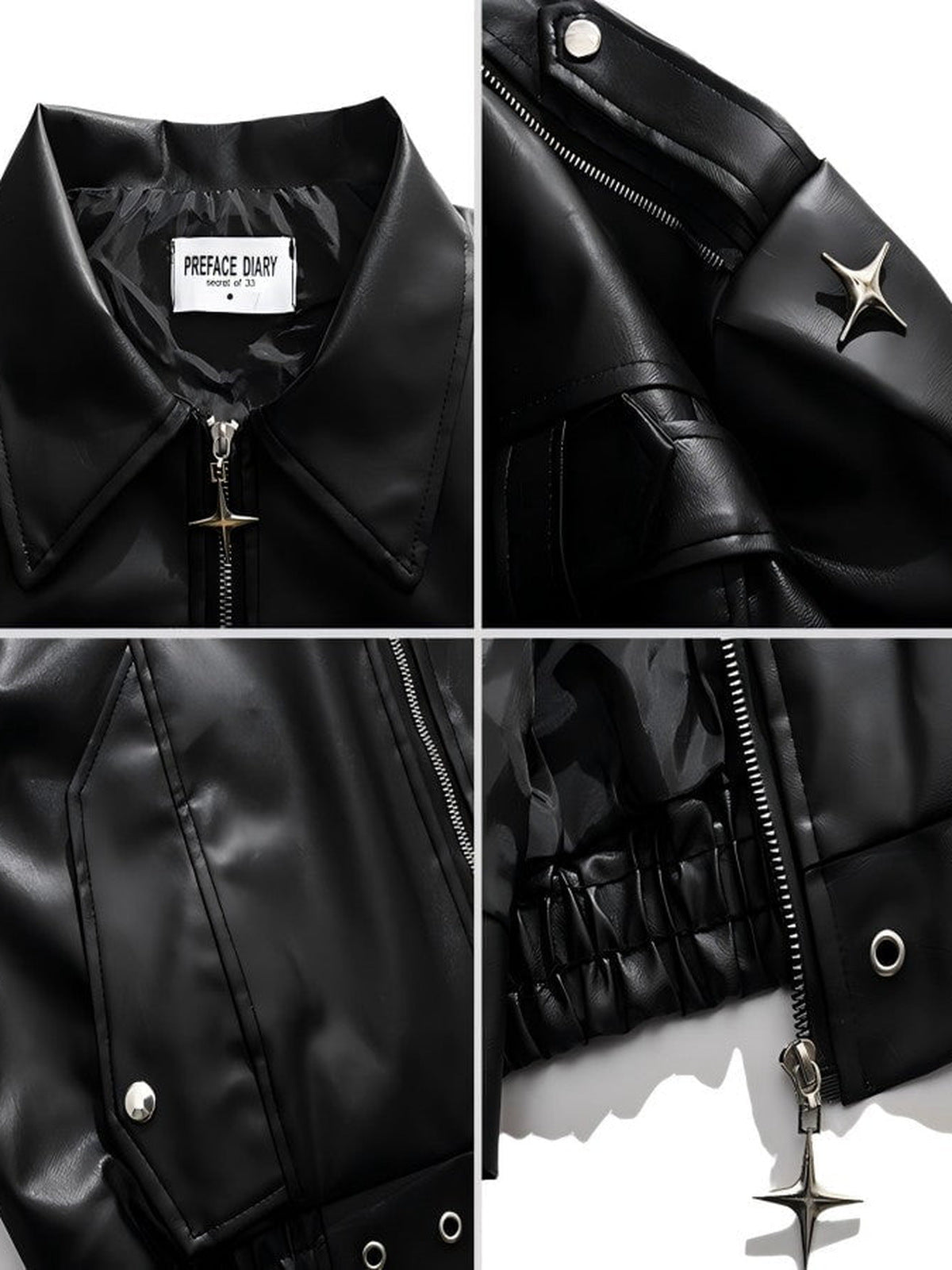 Cropped Belted Faux Leather Moto Jacket – collar, shoulder star, pocket and hem close-ups | XoKool
