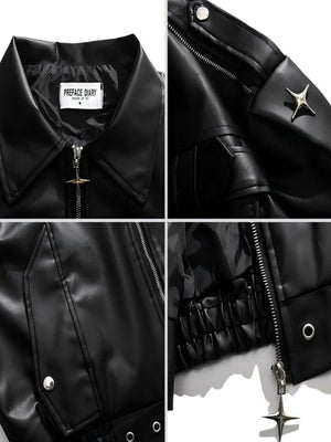 Cropped Belted Faux Leather Moto Jacket – collar, shoulder star, pocket and hem close-ups | XoKool