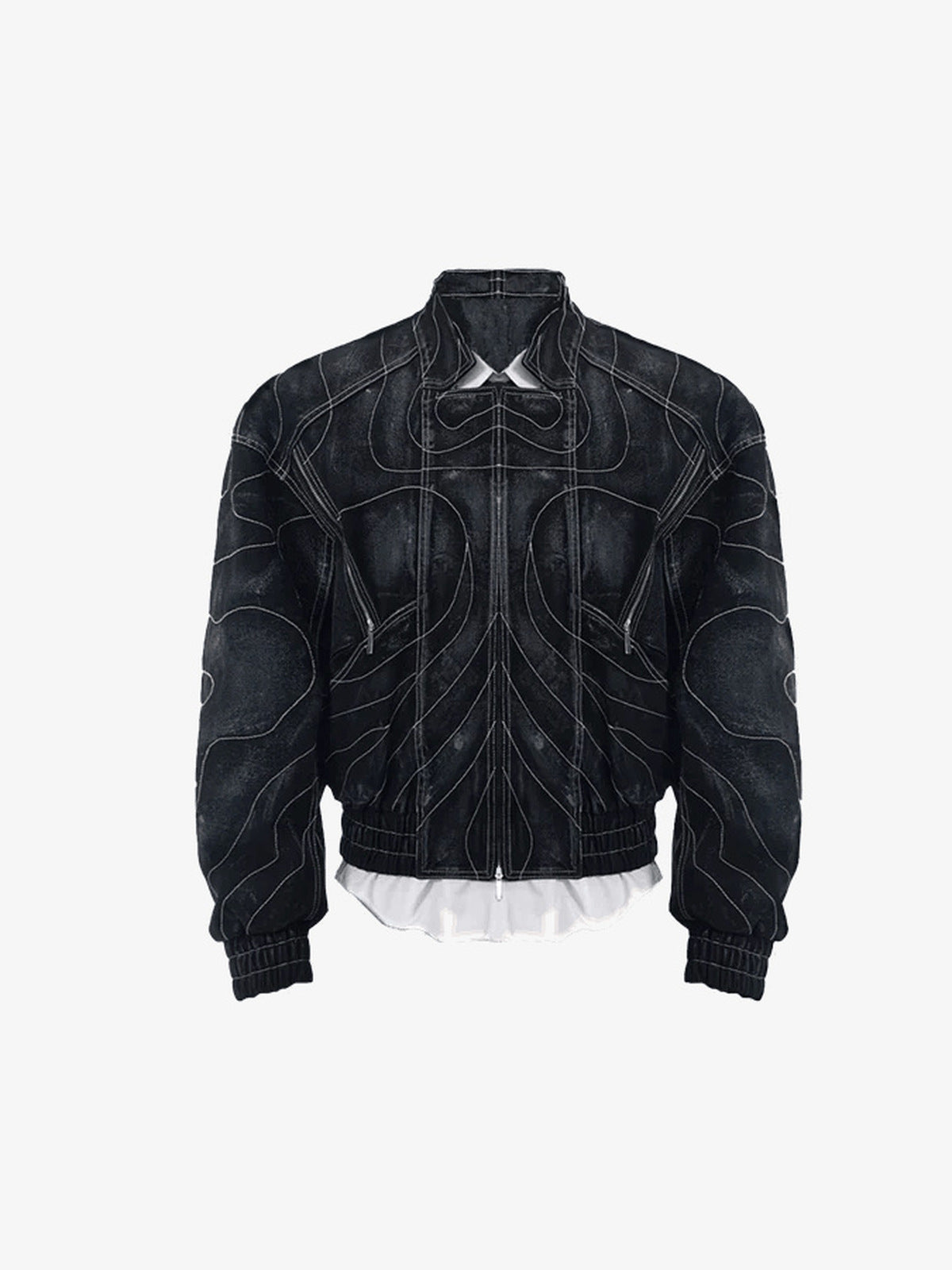 Cropped schwarze Jeans-Bomberjacke mit geschwungenen Nähten – Schwarz, Vorderseite flach | XoKool