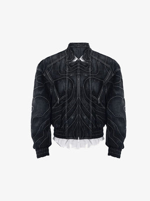 Cropped Black Denim Bomber Jacket with Curved Stitching – Black, front flat lay | XoKool