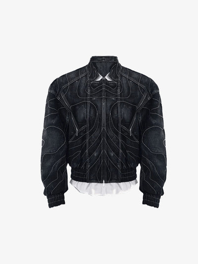 Cropped Black Denim Bomber Jacket with Curved Stitching