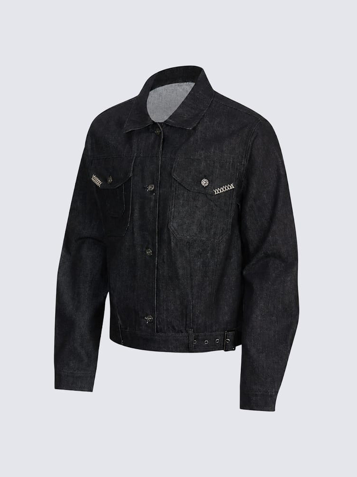 Black denim trucker jacket – Black, angled front | XoKool