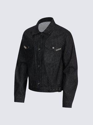 Black denim trucker jacket – Black, angled front | XoKool