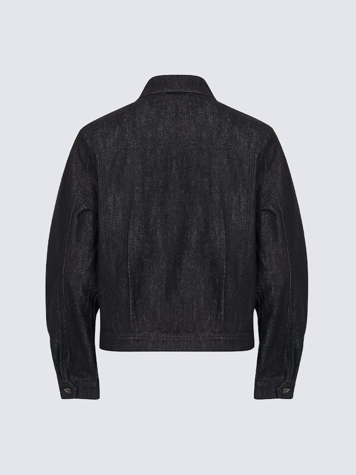 Cropped Black Denim Trucker Jacket with Buckle Tabs – Black, back view | XoKool