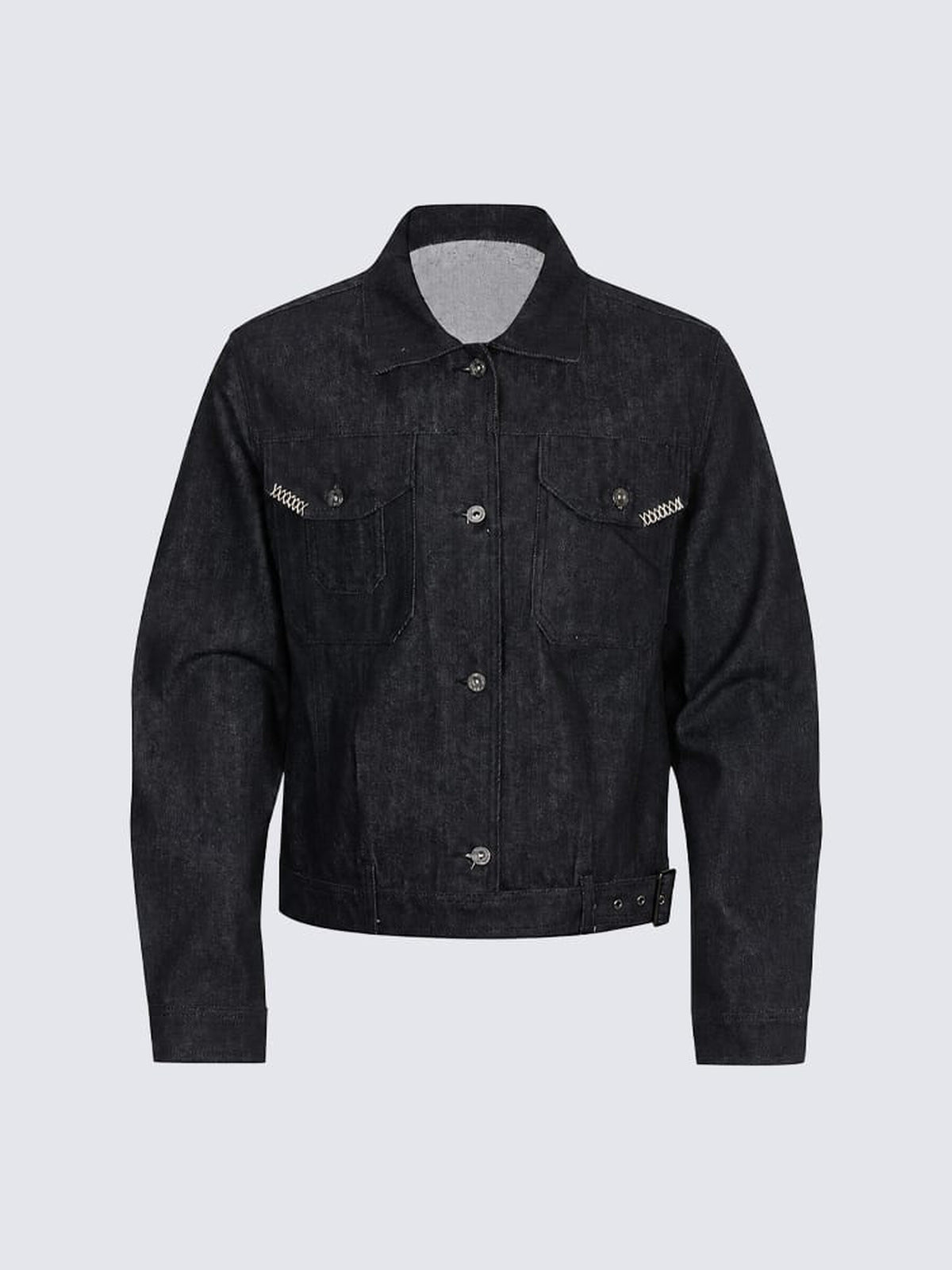 Cropped Black Denim Trucker Jacket with Buckle Tabs – Black, front view | XoKool