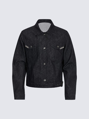 Cropped Black Denim Trucker Jacket with Buckle Tabs – Black, front view | XoKool