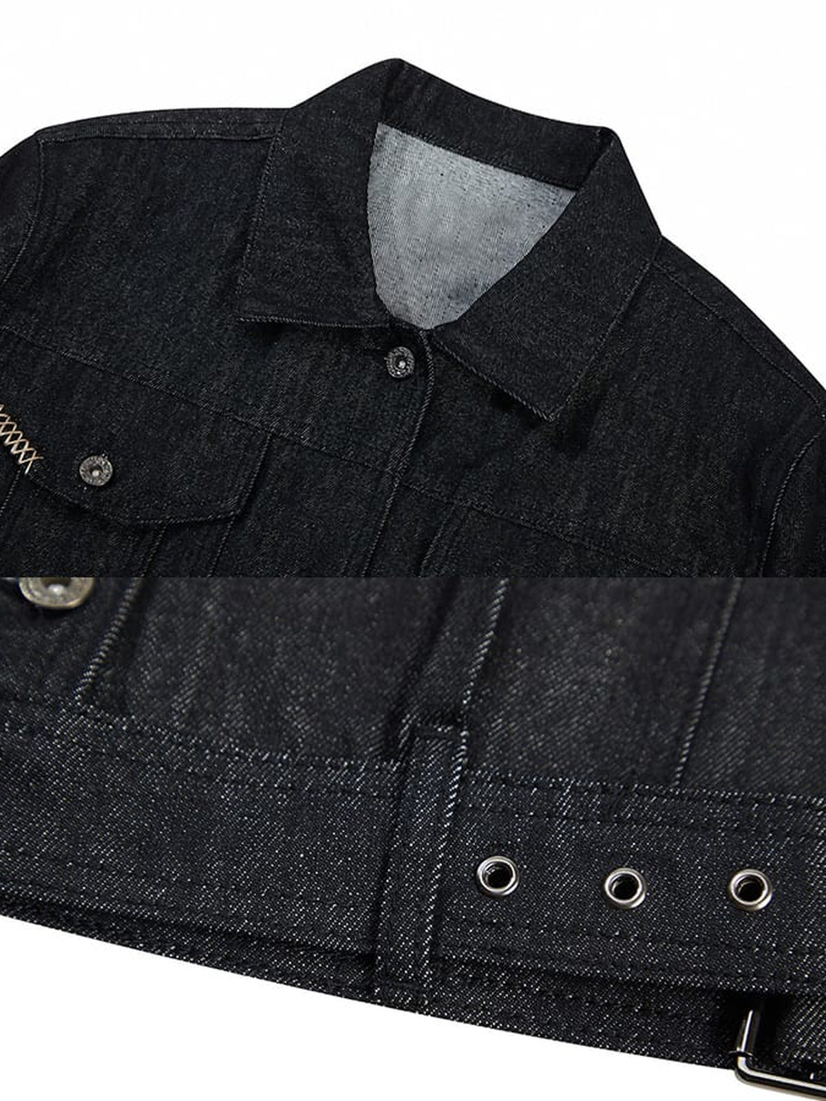 Black denim trucker jacket – collar and waist buckle tab close-up | XoKool