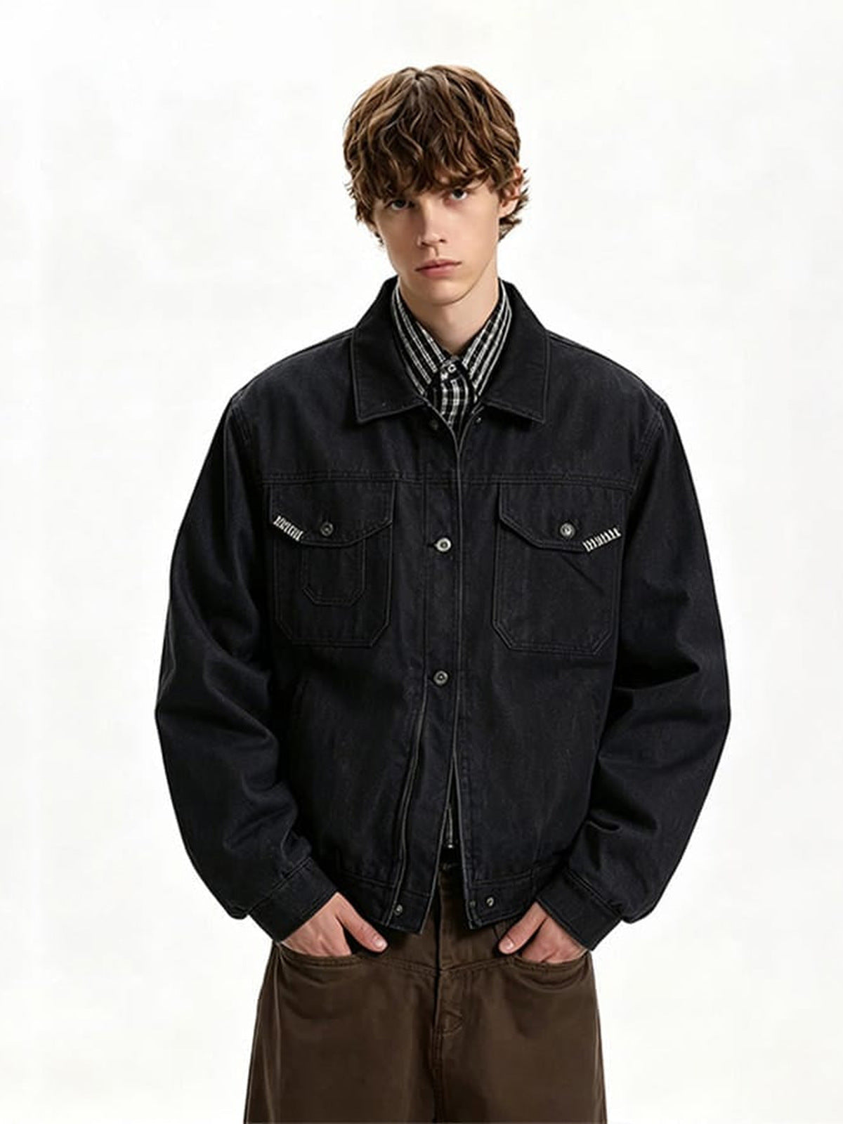 Cropped Black Denim Trucker Jacket with Buckle Tabs – on model, front | XoKool