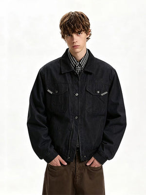 Cropped Black Denim Trucker Jacket with Buckle Tabs – on model, front | XoKool
