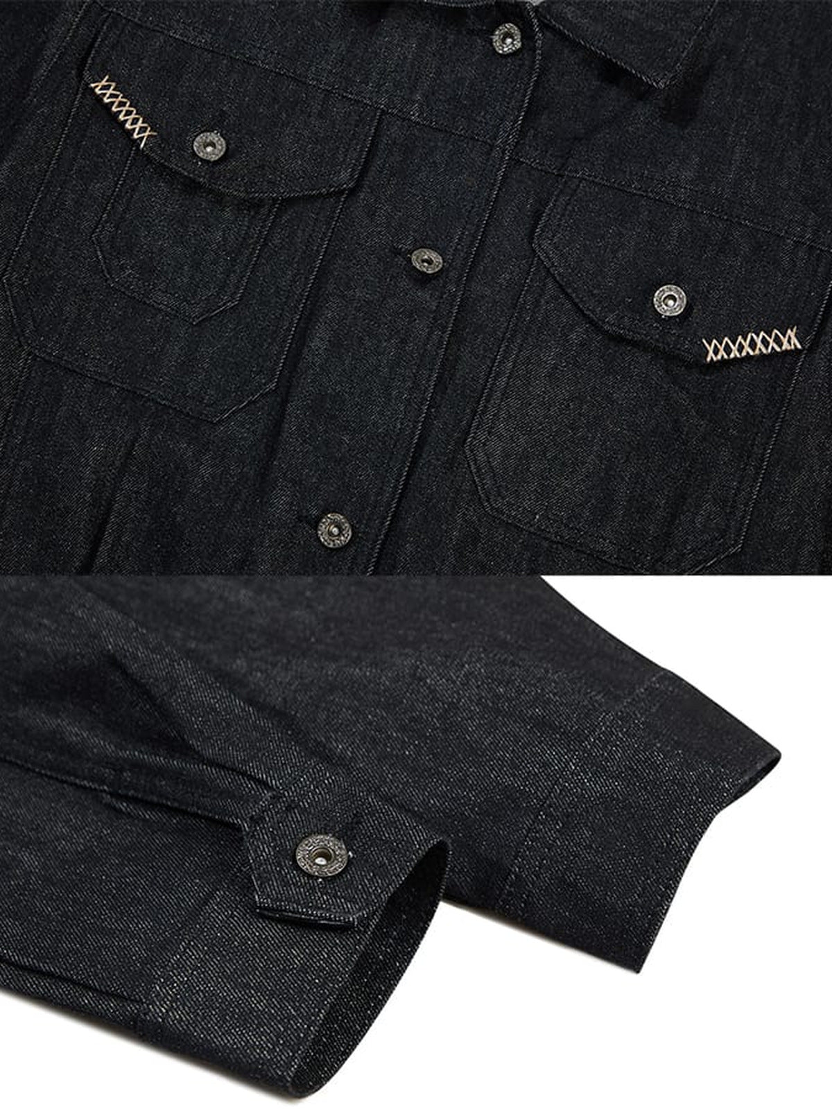 Black denim trucker jacket – pocket flap stitch and cuff close-up | XoKool