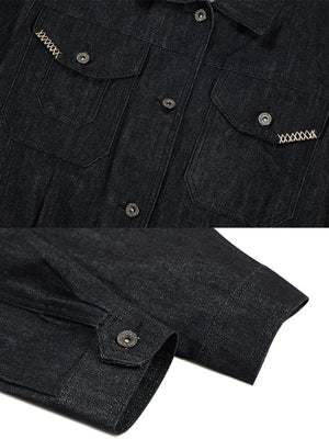 Black denim trucker jacket – pocket flap stitch and cuff close-up | XoKool