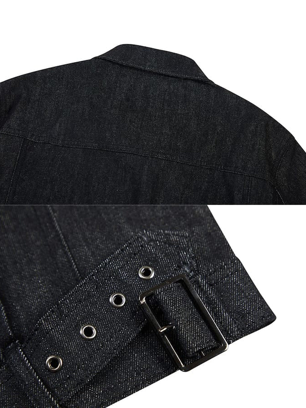 Black denim trucker jacket – shoulder and waist buckle close-up | XoKool