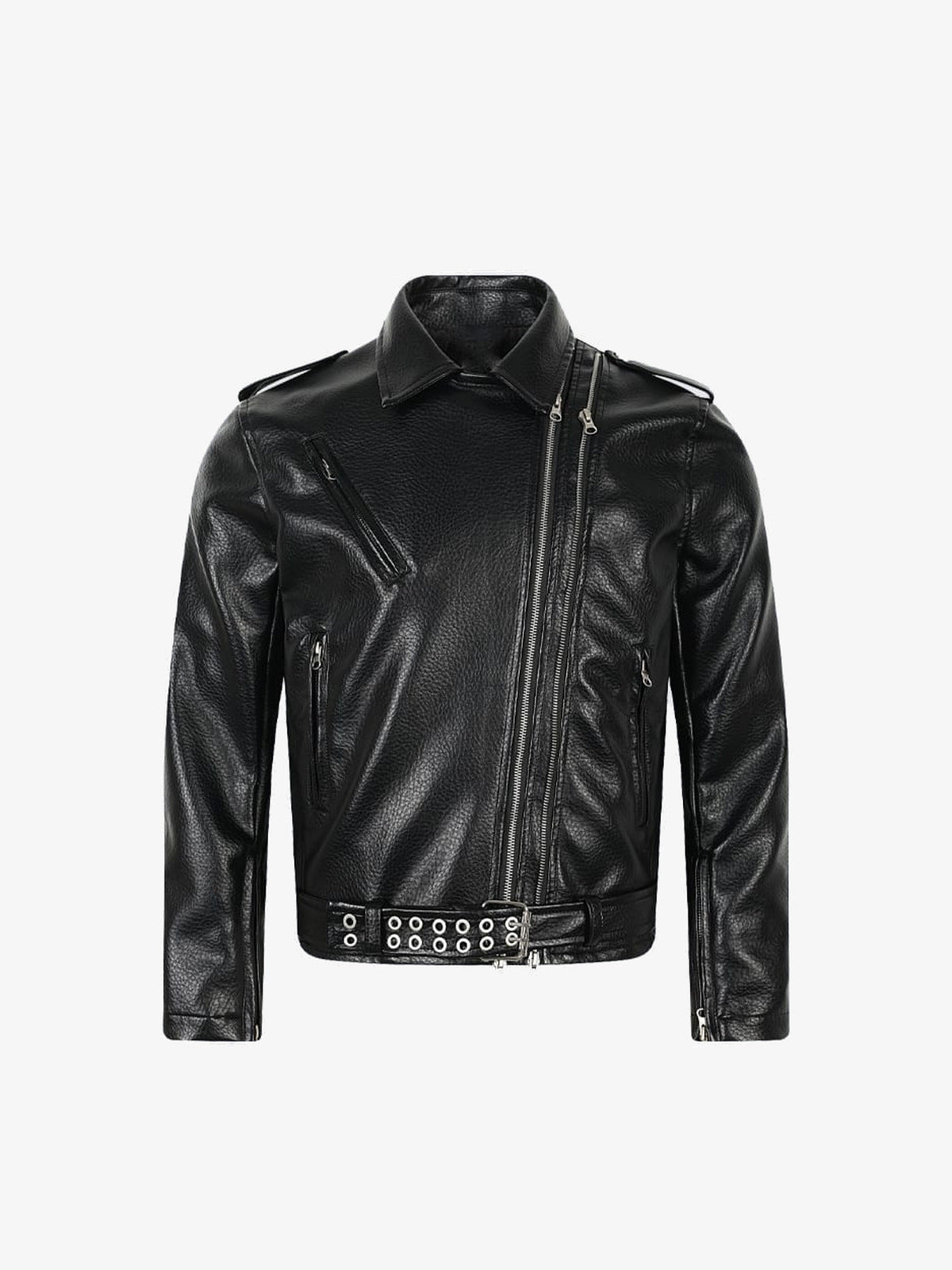 Kurze schwarze Biker-Jacke aus Kunstleder – Schwarz, Vorderansicht | XoKool