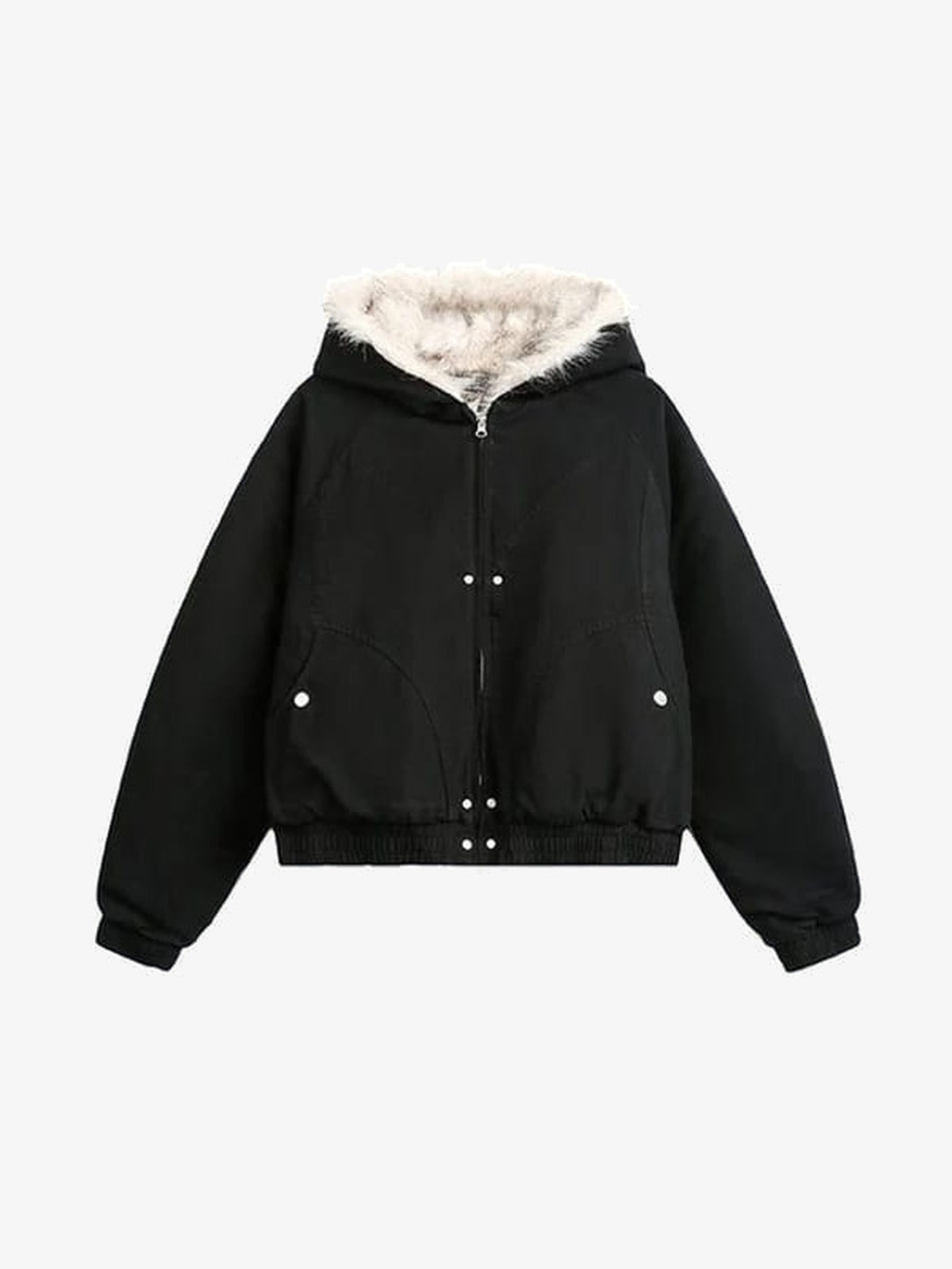 Conjunto de chaqueta bomber corta y pantalones cargo de camuflaje – chaqueta negra, frente plano | XoKool
