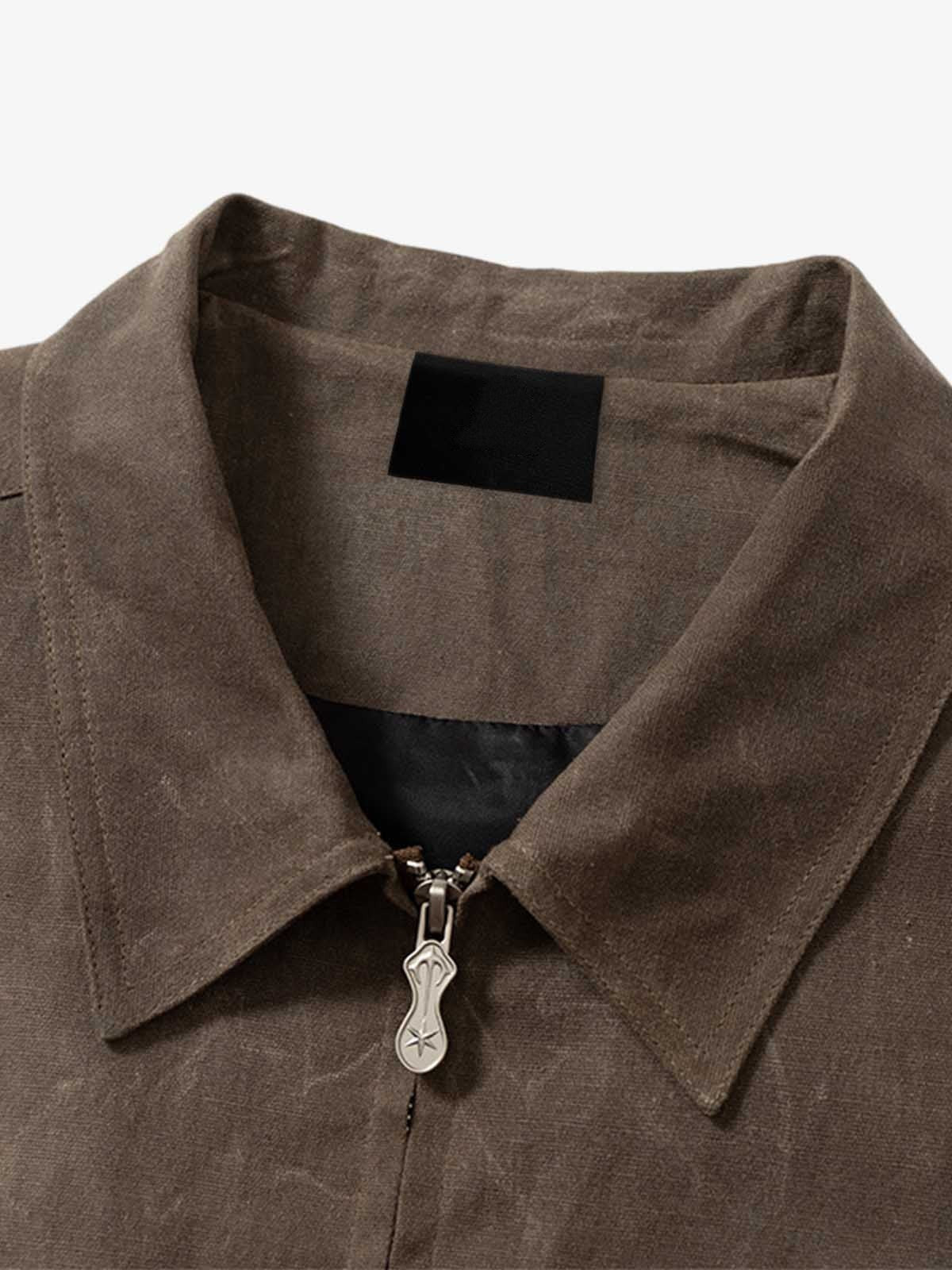 Cropped Brown Canvas Work Jacket – collar and zip close-up | XoKool