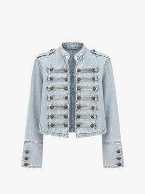 Cropped Denim Military Jacket with Button Straps – Light Blue, front view | XoKool