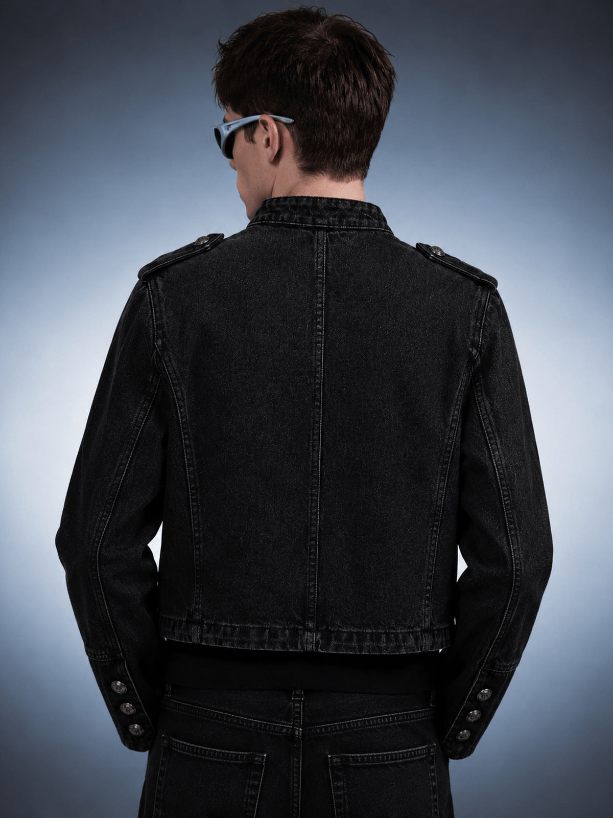 Denim military jacket – Washed Black, on model, back | XoKool