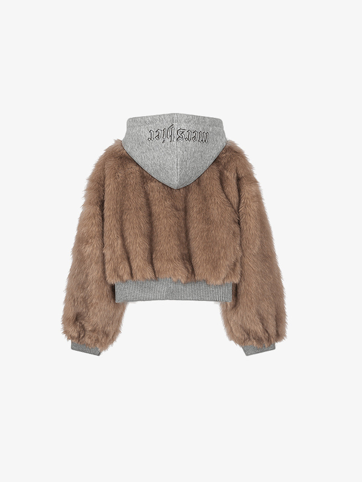 Cropped Faux Fur Jacket with Grey Knit Hood – Brown, back | XoKool