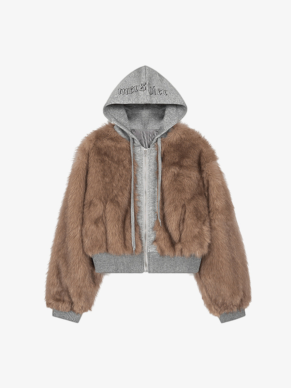 Cropped Faux Fur Jacket with Grey Knit Hood – Brown, front | XoKool