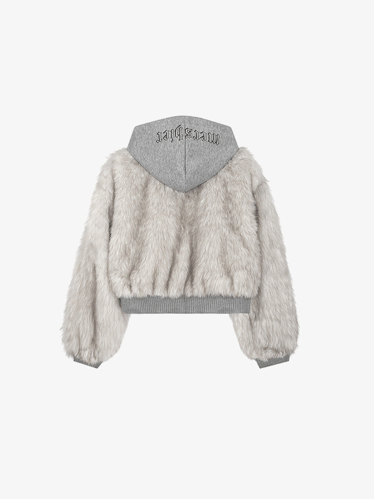 Cropped Faux Fur Jacket with Grey Knit Hood – Cream, back | XoKool