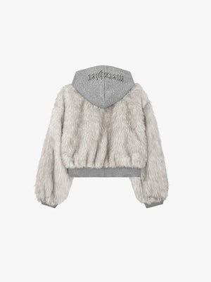 Cropped Faux Fur Jacket with Grey Knit Hood – Cream, back | XoKool