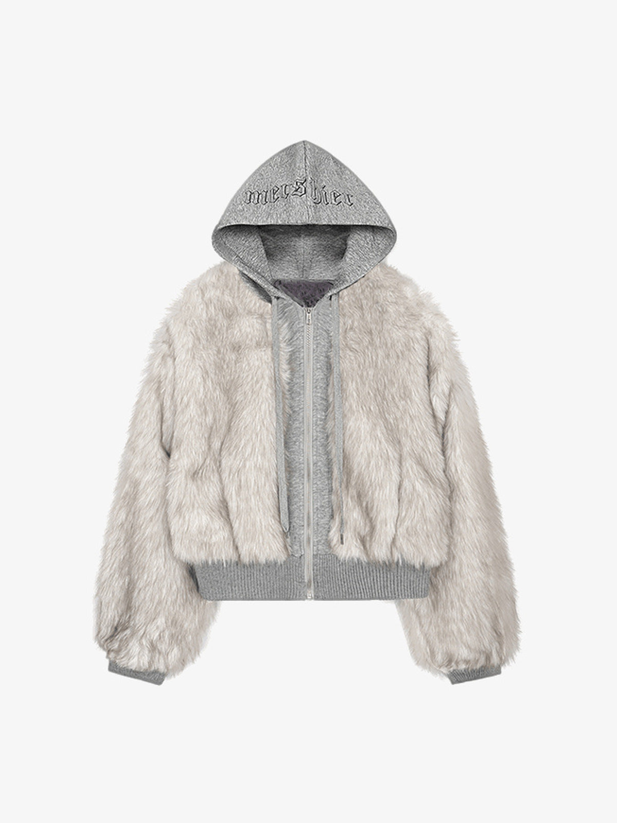 Cropped Faux Fur Jacket with Grey Knit Hood – Cream, front | XoKool