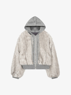 Cropped Faux Fur Jacket with Grey Knit Hood – Cream, front | XoKool