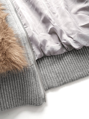 Faux fur hooded jacket – lining and ribbed hem close-up | XoKool