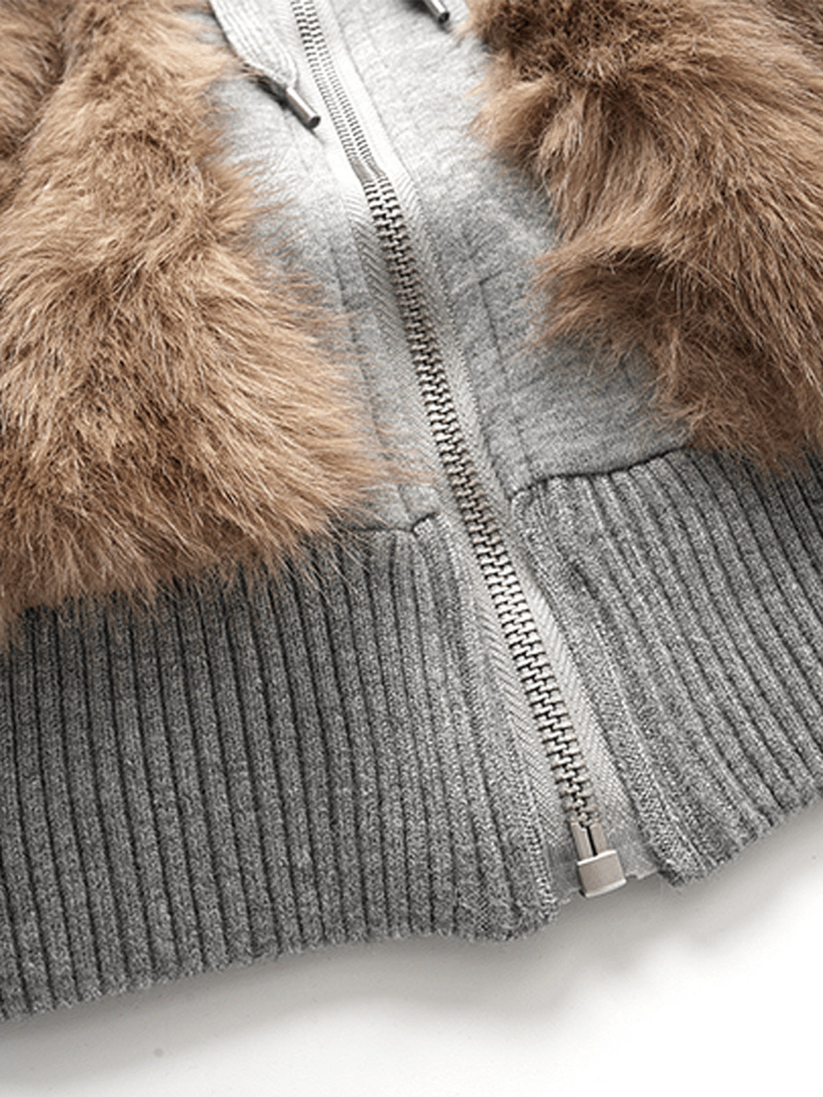 Faux fur hooded jacket – zip and fur close-up | XoKool