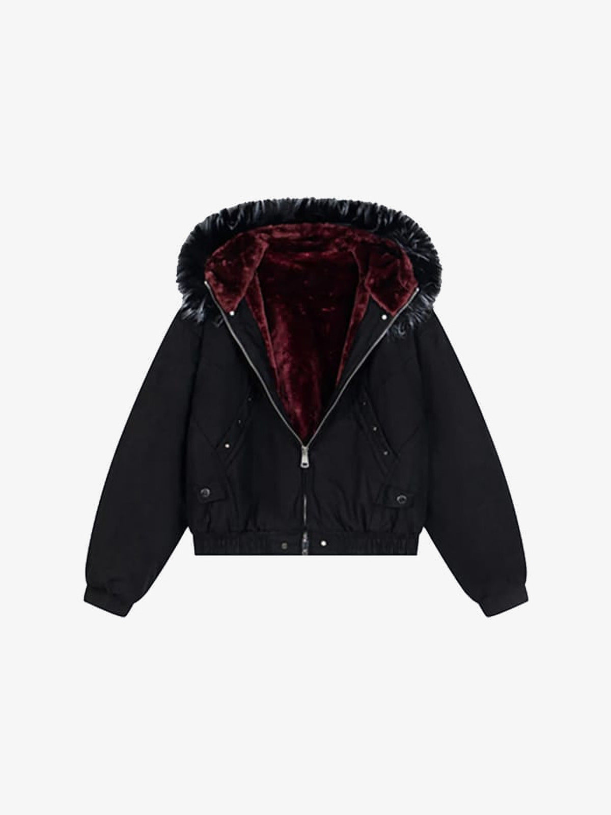 Cropped Faux Fur Lined Jacket with Hood – Black, front flat lay | XoKool