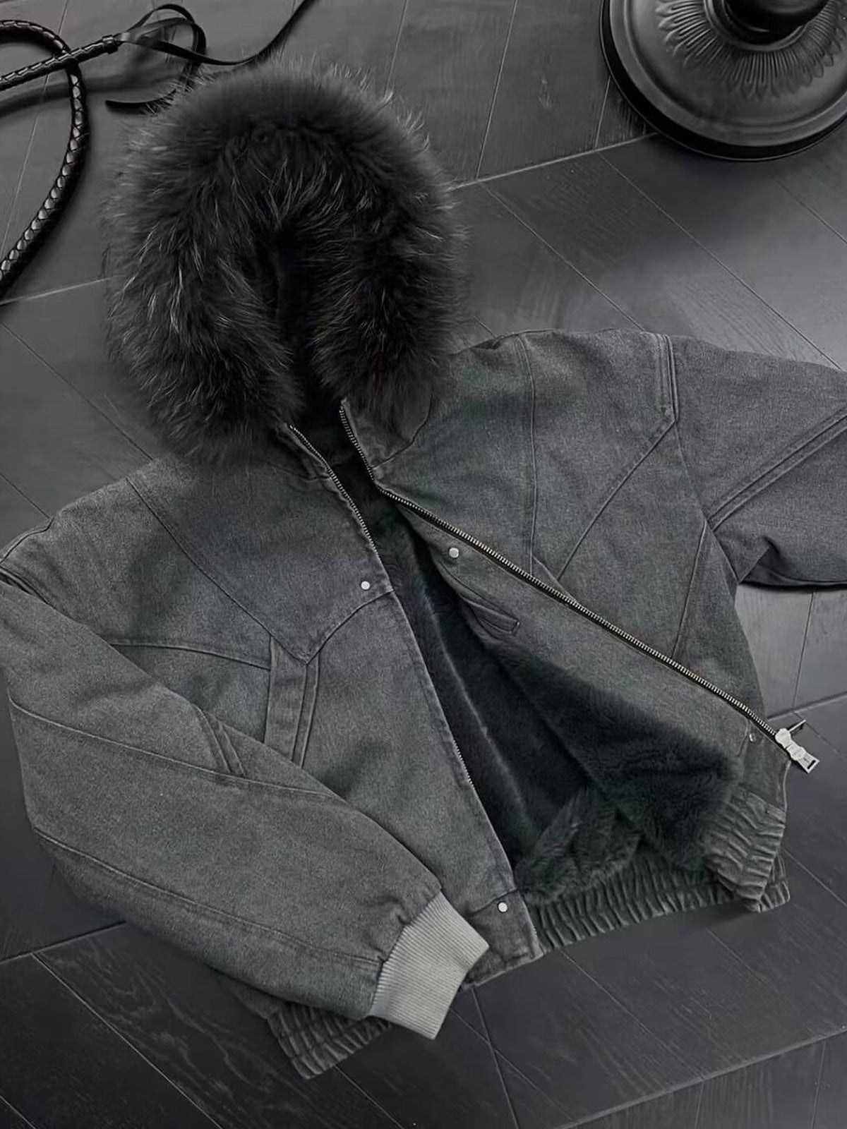 Faux fur lined jacket – Grey, flat lay on floor | XoKool