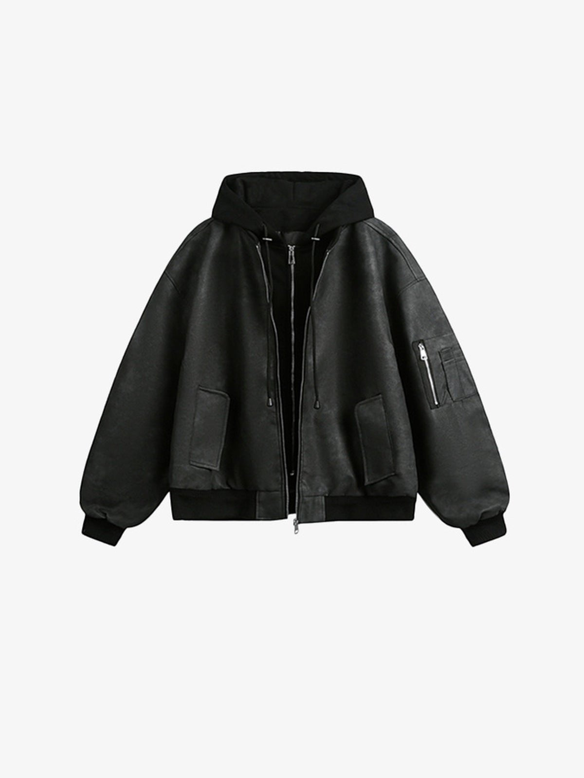 Cropped Bomberjacke mit Kapuze aus Kunstleder – Schwarz, Vorderseite flach | XoKool