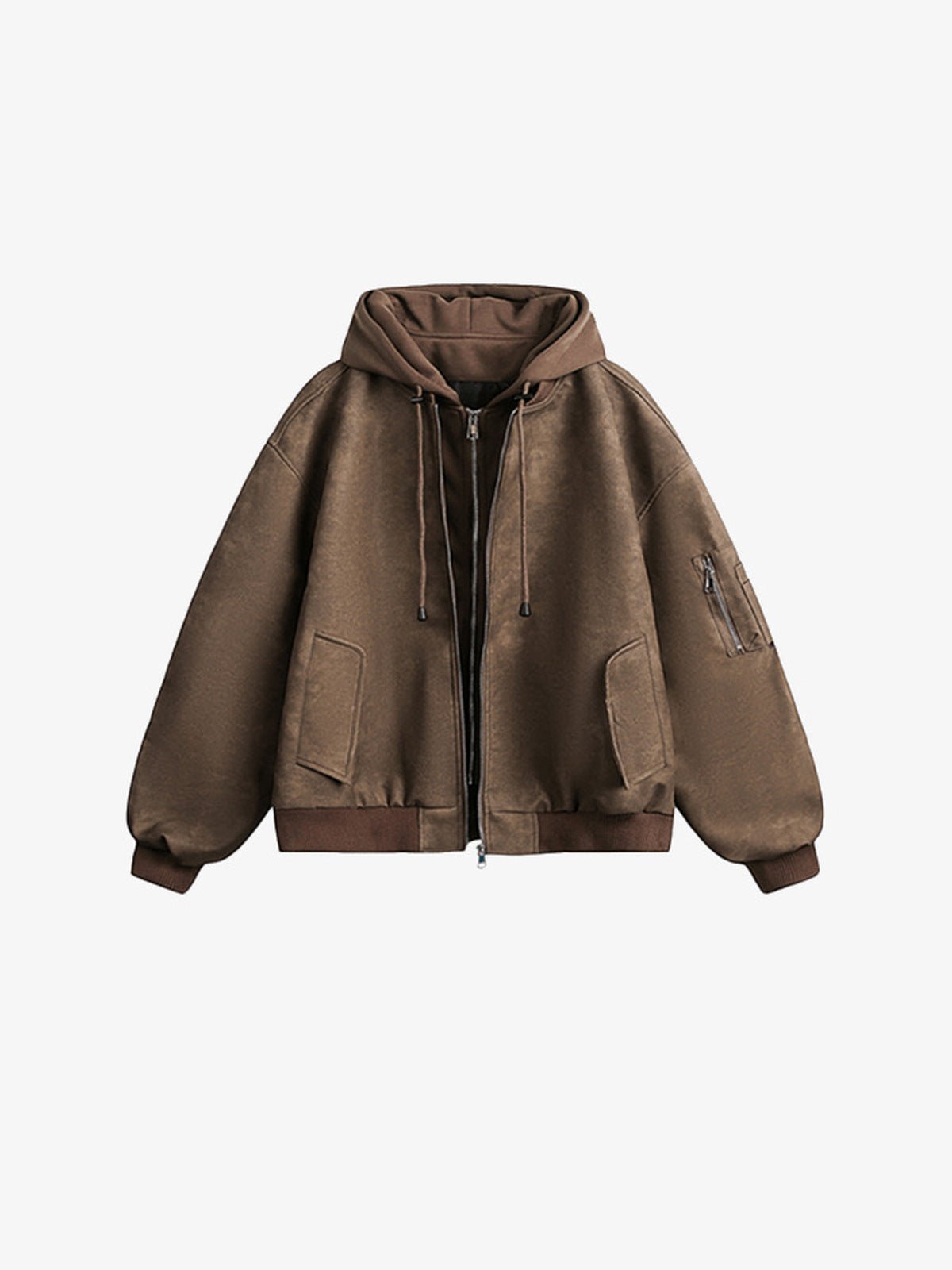 Cropped Bomberjacke mit Kapuze aus Kunstleder – Braun, Vorderseite flach | XoKool