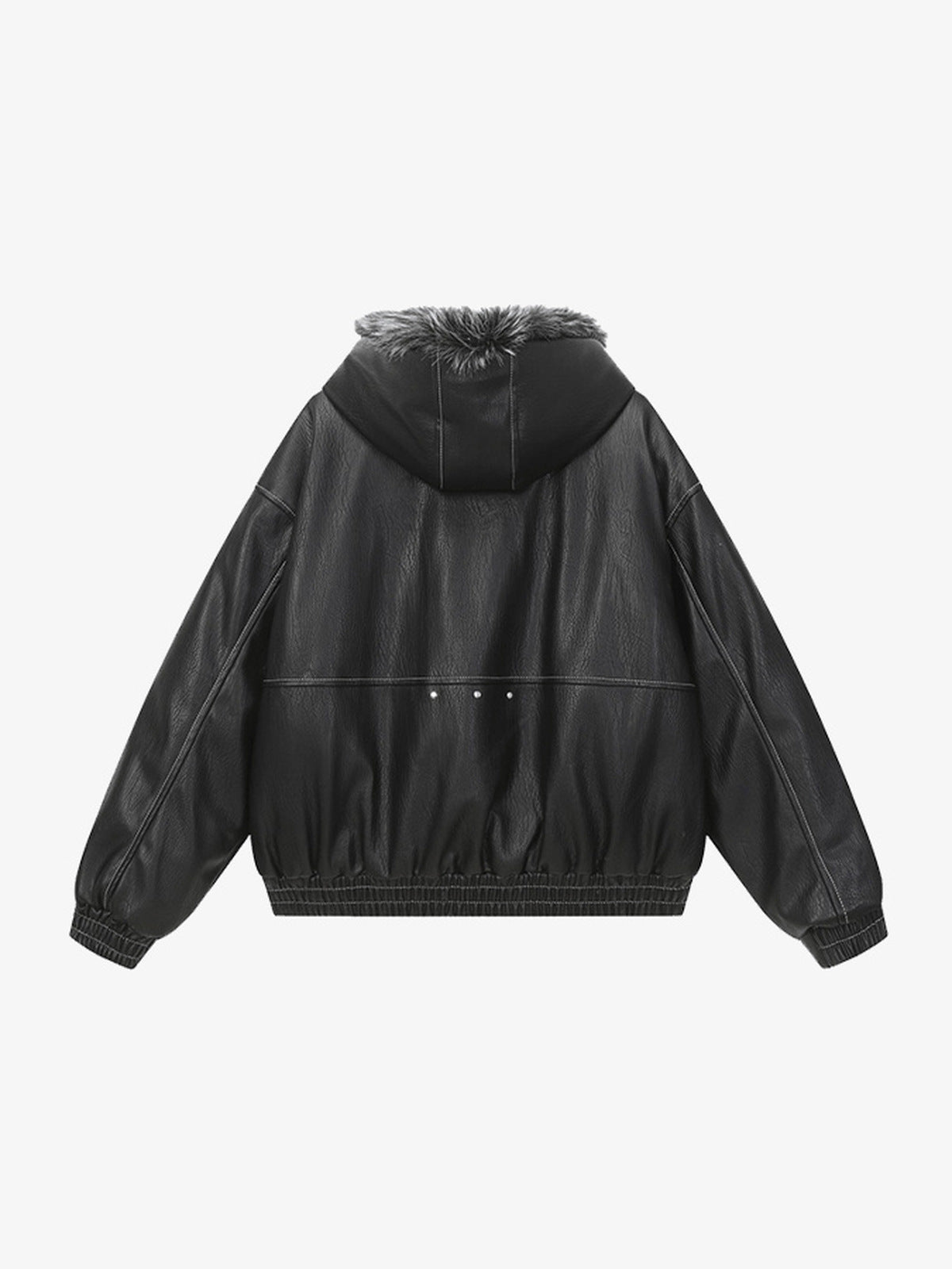Cropped Kunstlederjacke mit Fellkapuze – Schwarz, Rückseite flach | XoKool