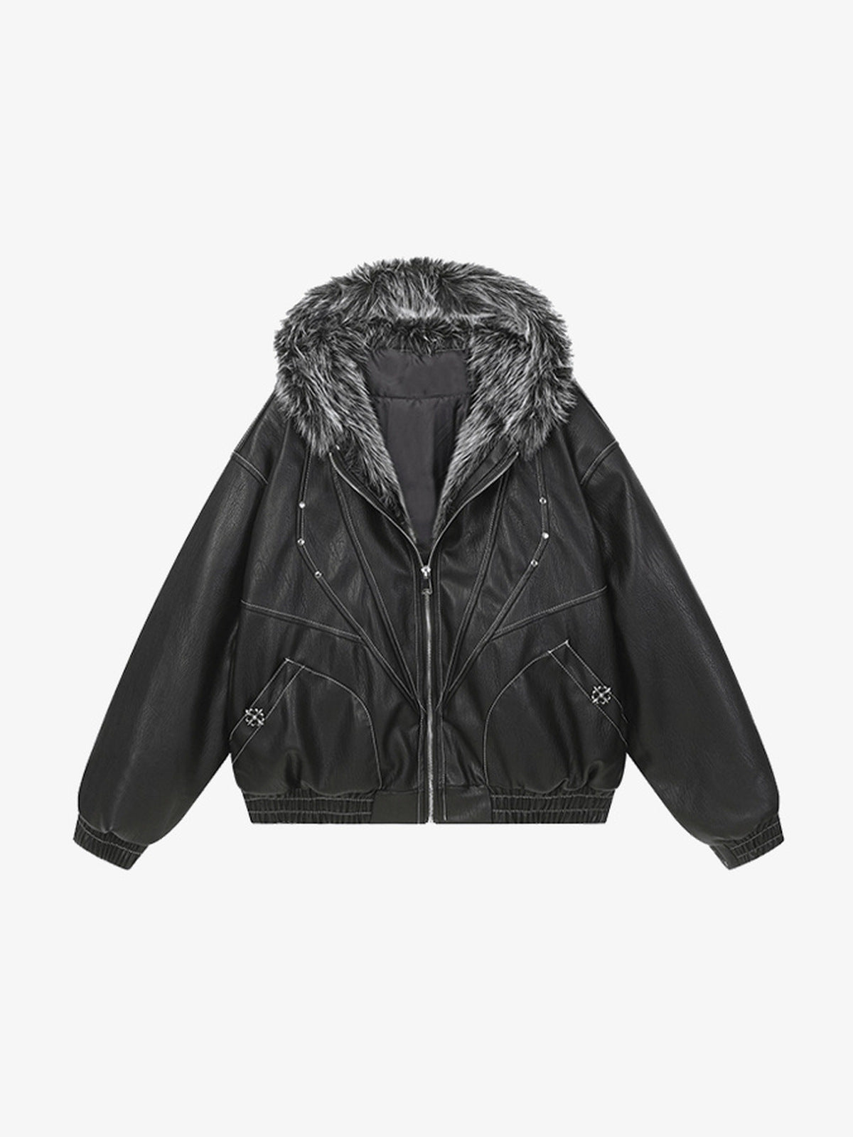 Cropped Kunstlederjacke mit Fellkapuze – Schwarz, Vorderseite flach | XoKool