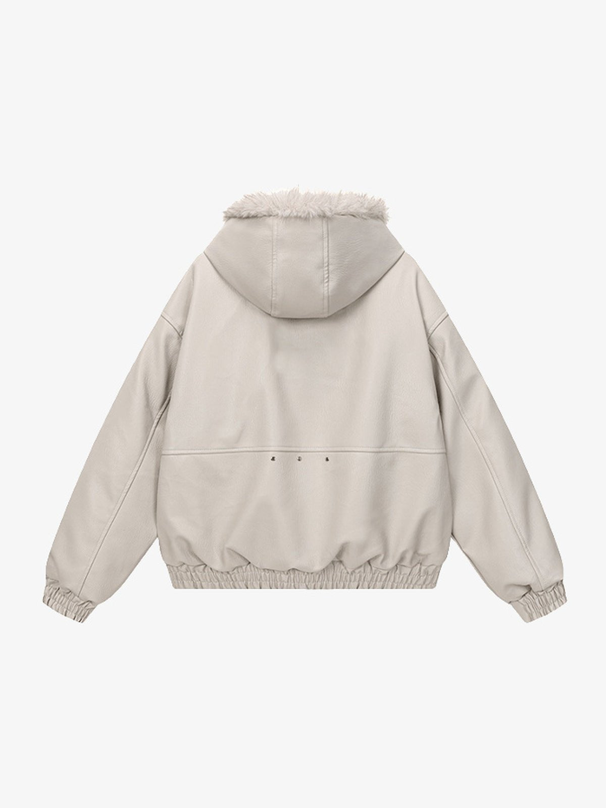 Cropped Kunstlederjacke mit Fellkapuze – Creme, Rückseite flach | XoKool