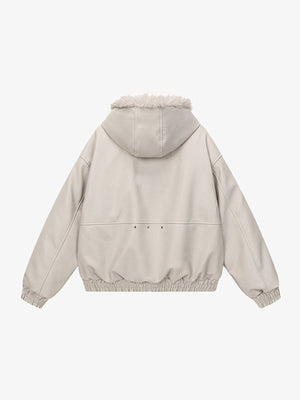 Cropped Kunstlederjacke mit Fellkapuze – Creme, Rückseite flach | XoKool
