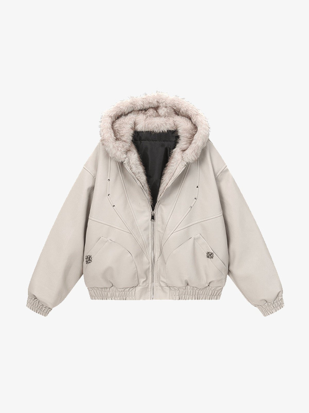 Cropped Kunstlederjacke mit Fellkapuze – Creme, Vorderseite flach | XoKool