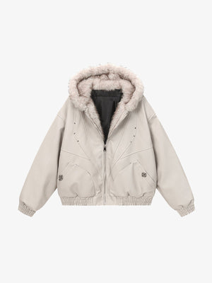 Cropped Kunstlederjacke mit Fellkapuze – Creme, Vorderseite flach | XoKool