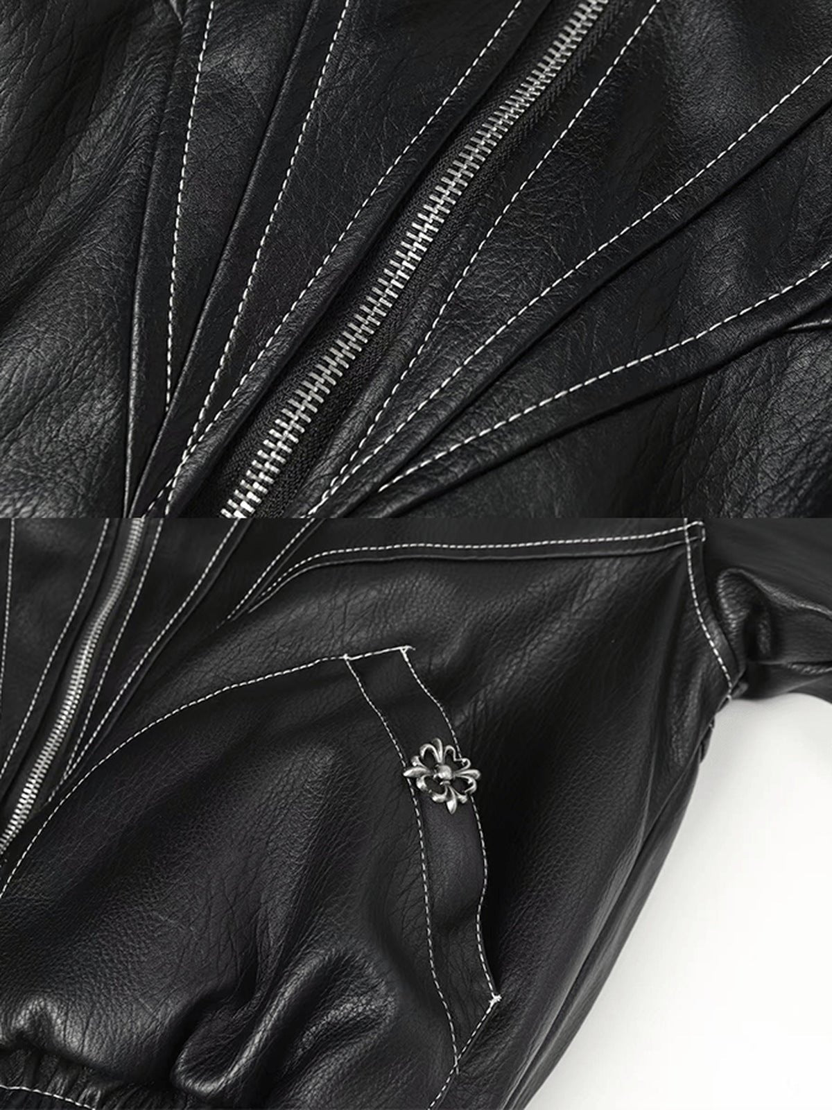 Kunstlederjacke mit Fellkapuze – Frontnähte und Kreuz-Anhänger an der Tasche im Detail | XoKool