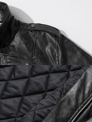 Kunstlederjacke mit Cross Patches – Schwarz, Nahaufnahme von Kragen und gestepptem Futter | XoKool